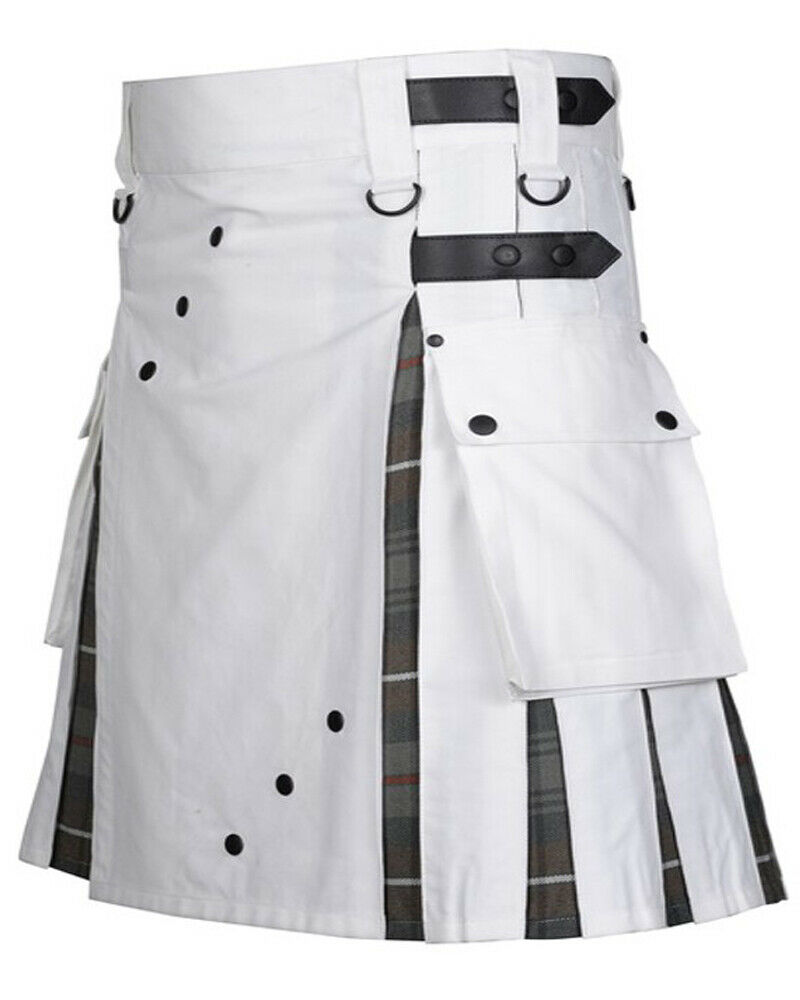 354.jpg Scottish Fashion Utility Hybrid Kilt For Men White Color With Grey Tartan Pleats – Next Kilt