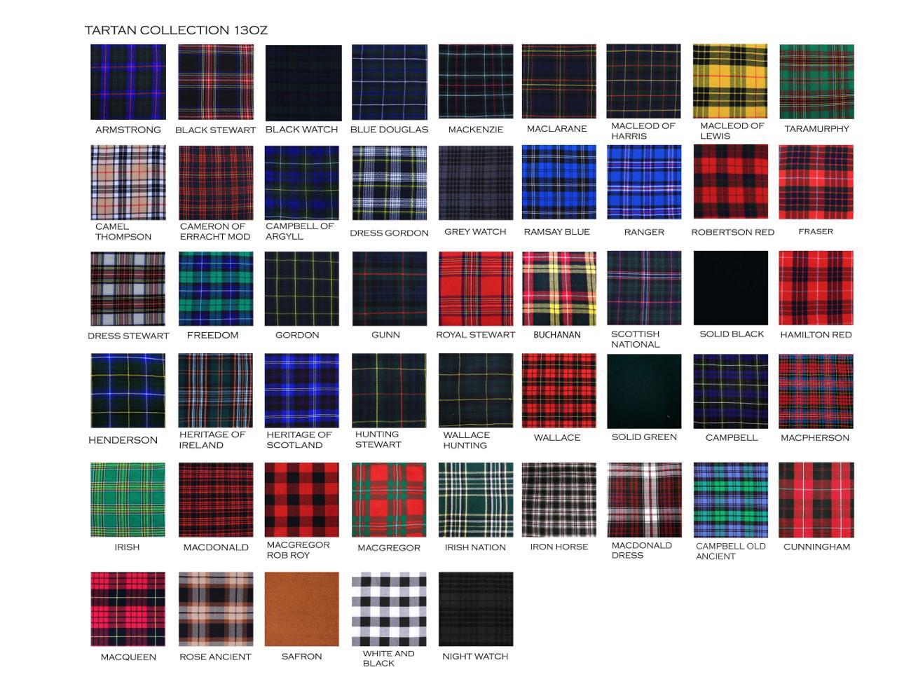 All-Tartan-colors.jpeg Scottish 8 Yard Buchanan Tartan Kilt Outfit – Next Kilt