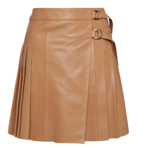 Camel Leather Pleated Buckle Kilt Skirt