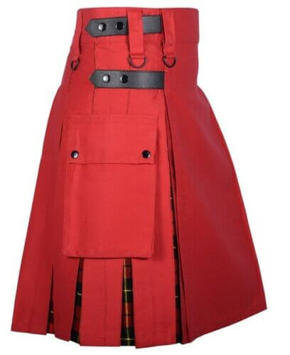 kilt-501.jpg Men's Red Cotton Utility Hybrid Kilt - Wallace Tartan Under Pleats – Next Kilt